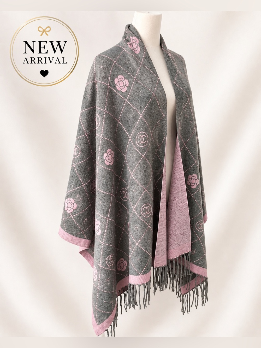 🌸 Gray & Pink Camellia Print Shawl / Wrap 🌸